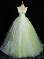 A-Line V Neck Lace Tulle Green Long Corset Prom Dress, Green Sweet 16 Dress outfit, Evening Dress Shopping