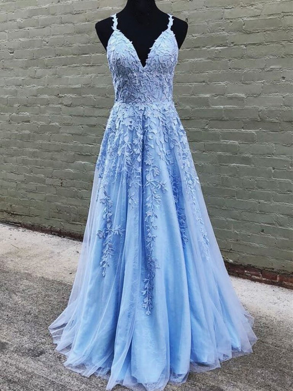 A Line V Neck Light Blue Lace Corset Prom Dresses, V Neck Light Blue Lace Corset Formal Evening Dresses outfit, Formal Dress Gown