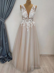 A Line V Neck Long Champagne Lace Corset Wedding Dresses, Champagne Lace Long Corset Formal Corset Prom Dresses outfit, Wedding Dresses Dress