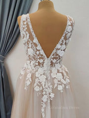 A Line V Neck Long Champagne Lace Corset Wedding Dresses, Champagne Lace Long Corset Formal Corset Prom Dresses outfit, Wedding Dress Dress