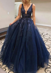 A-line V Neck Long/Floor-Length Lace Tulle Corset Prom Dress With Appliqued Gowns, Evening Dress Modest