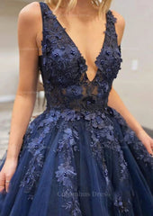 A-line V Neck Long/Floor-Length Lace Tulle Corset Prom Dress With Appliqued Gowns, Evening Dress Long Sleeve Maxi
