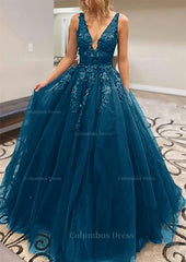 A-line V Neck Long/Floor-Length Lace Tulle Corset Prom Dress With Appliqued Gowns, Evening Dress Maxi Long Sleeve