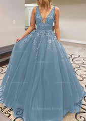 A-line V Neck Long/Floor-Length Lace Tulle Corset Prom Dress With Appliqued Gowns, Evening Dresses