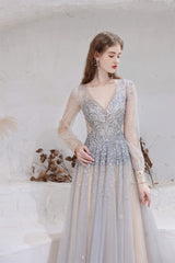 A Line V-Neck Long Sleeve Beading Tulle Court Train Corset Prom Dresses outfit, Evening Dresses For Over 77S