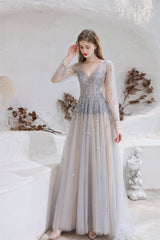 A Line V-Neck Long Sleeve Beading Tulle Court Train Corset Prom Dresses outfit, Evening Dress Suit