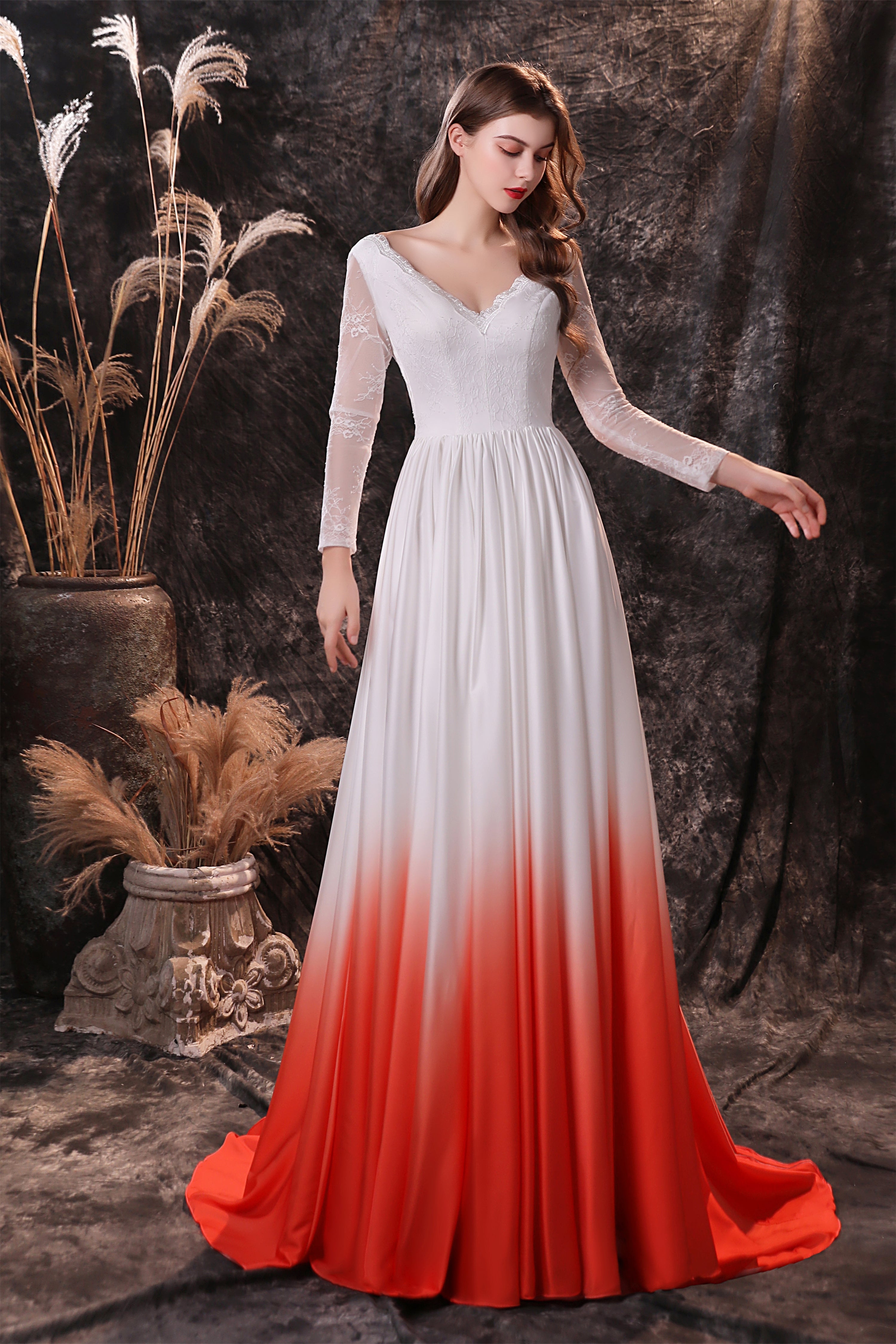 A Line V-Neck Long Sleeve Ombre Silk Like Satin Sweep Train Corset Prom Dresses outfit, Bridesmaid Dress With Sleeves