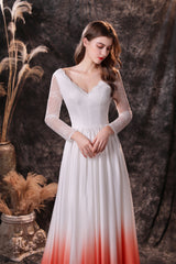 A Line V-Neck Long Sleeve Ombre Silk Like Satin Sweep Train Corset Prom Dresses outfit, Bridesmaid Dresses Long Sleeves