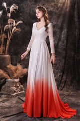 A Line V-Neck Long Sleeve Ombre Silk Like Satin Sweep Train Corset Prom Dresses outfit, Bridesmaid Dresses Long Sleeve