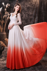 A Line V-Neck Long Sleeve Ombre Silk Like Satin Sweep Train Corset Prom Dresses outfit, Bridesmaids Dresses Long Sleeves