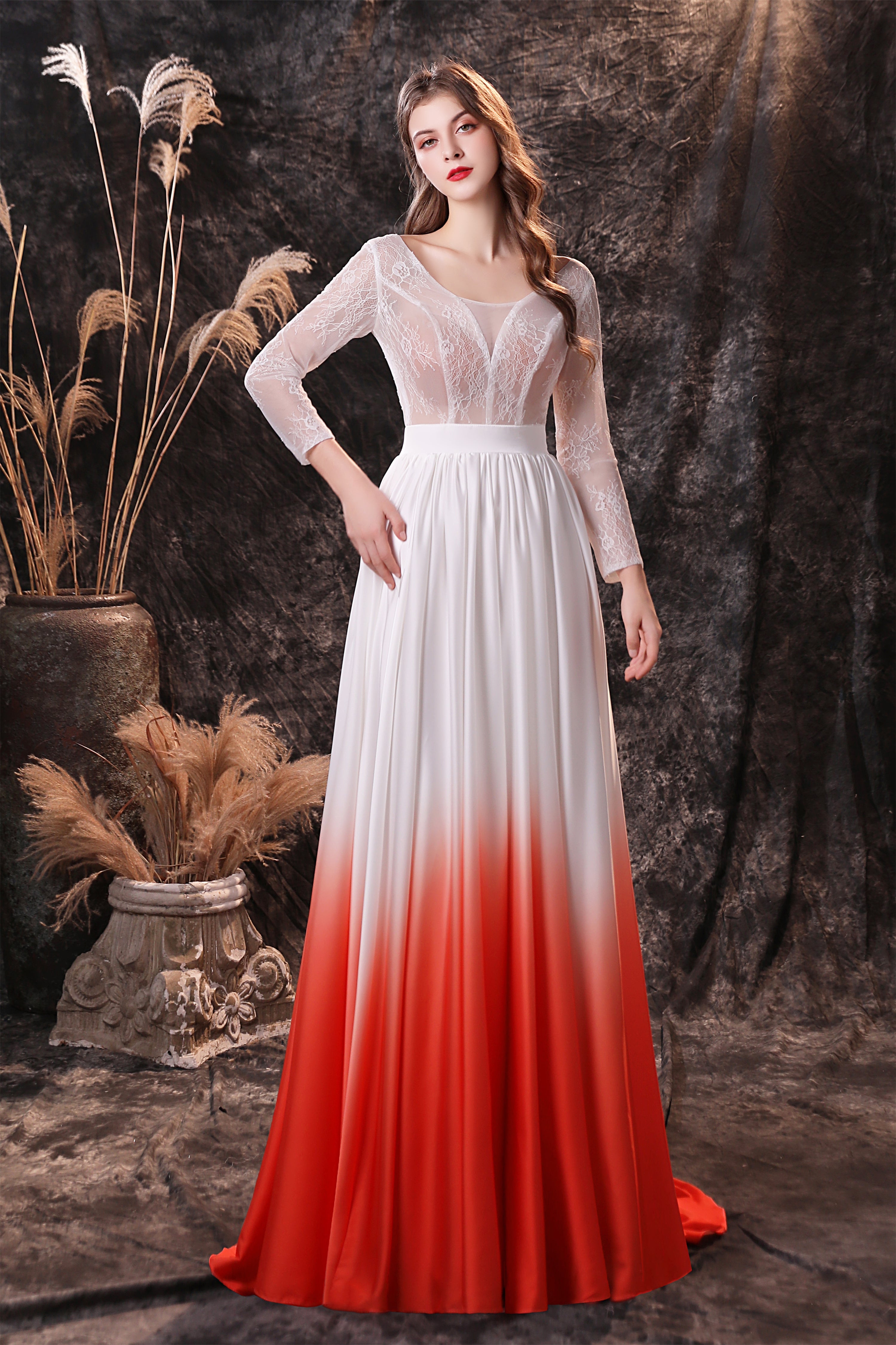 A Line V-Neck Long Sleeve Ombre Silk Like Satin Sweep Train Corset Prom Dresses outfit, Bridesmaid Dress Black