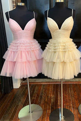 A-Line V-Neck Multi-Tiered Short Party Dress,Light Pink Cocktail Dresses Short Gowns, Homecomeing Dresses Short