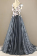 A Line V Neck Open Back Appliques Gray Long Corset Prom Dresses, V Neck Grey Corset Formal Dresses, Gray Evening Dresses outfit, Formal Dressing Style