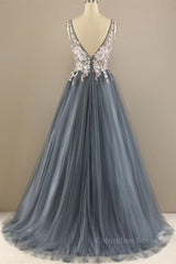 A Line V Neck Open Back Appliques Gray Long Corset Prom Dresses, V Neck Grey Corset Formal Dresses, Gray Evening Dresses outfit, Formal Dress Style