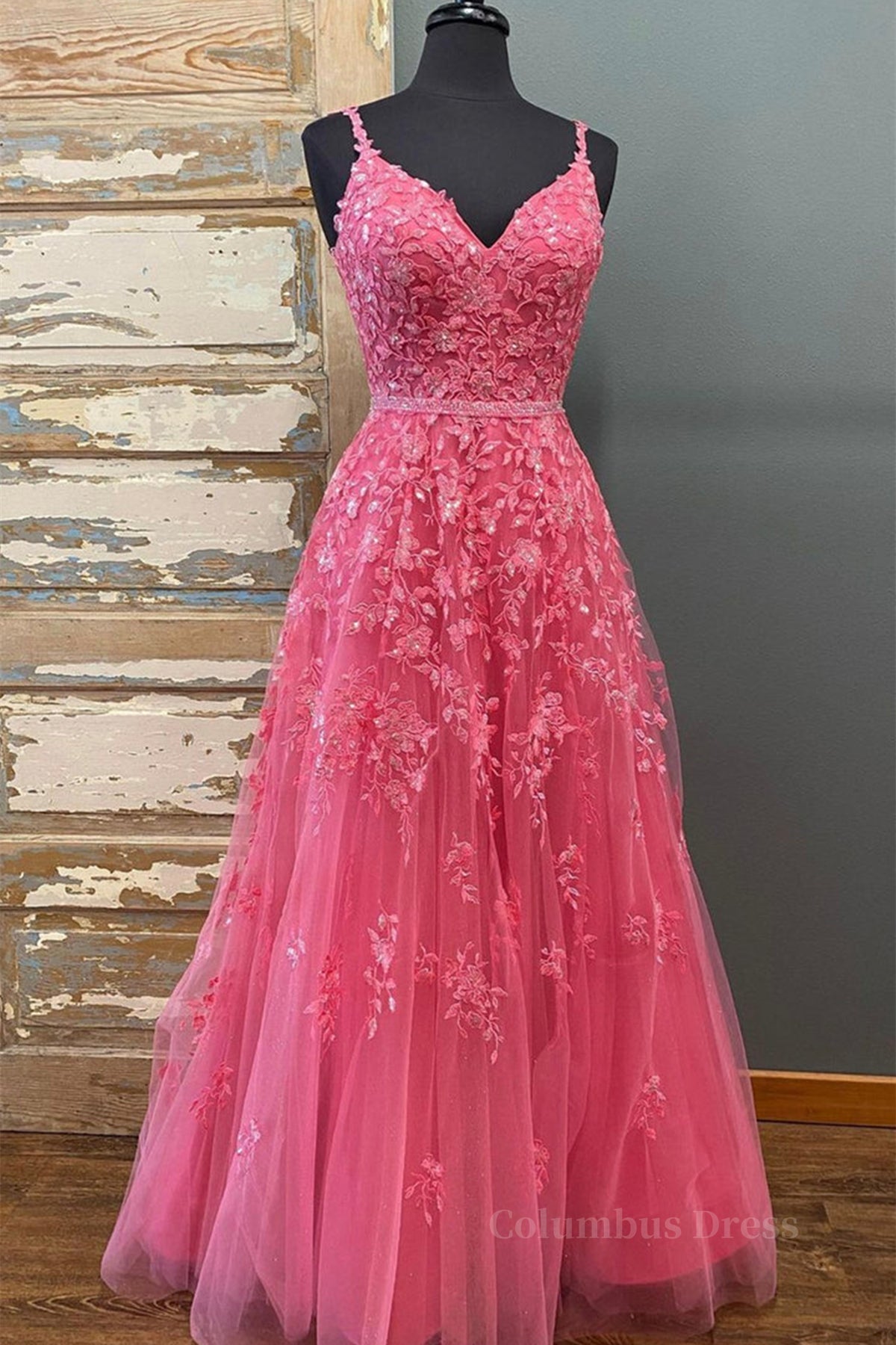 A Line V Neck Open Back Beaded Hot Pink Lace Long Corset Prom Dresses, Hot Pink Lace Corset Formal Graduation Evening Dresses outfit, Formal Dress Classy