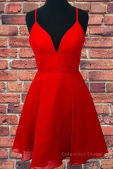A Line V Neck Open Back Red Short Corset Prom Dress, Backless Red Corset Homecoming Dress outfit, Boho Wedding Dress