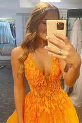 A Line V Neck Orange Corset Prom Dress with Appliques Gowns, A Line V Neck Orange Prom Dress with Appliques