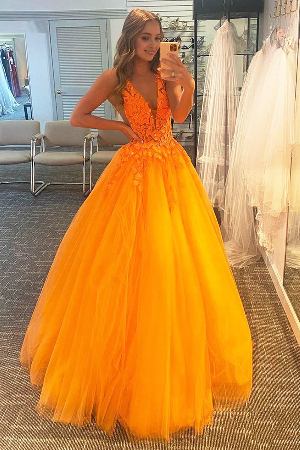 A Line V Neck Orange Corset Prom Dress with Appliques Gowns, A Line V Neck Orange Prom Dress with Appliques