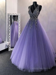 A Line V Neck Purple Beaded Long Corset Prom Dresses, Lilac Long Corset Formal Evening Dresses with Beadings outfit, Short Wedding Dress