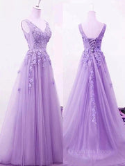 A Line V Neck Purple Lace Corset Prom Dresses, Purple Lace Long Corset Formal Corset Bridesmaid Dresses outfit, Party Dress Classy