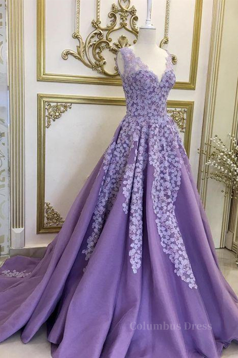 A Line V Neck Purple Long Corset Prom Dresses with Lace Appliques, V Neck Purple Corset Formal Evening Dresses outfit, Formal Dress Black