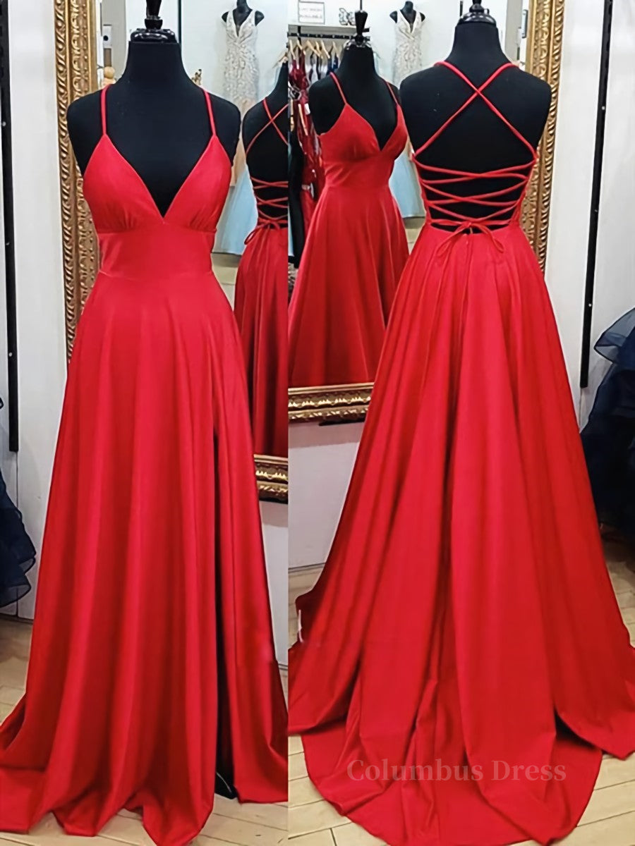 A Line V Neck Red Backless Long Corset Prom Dresses, Red A Line V Neck Open Back Corset Formal Evening Dresses outfit, Rustic Wedding