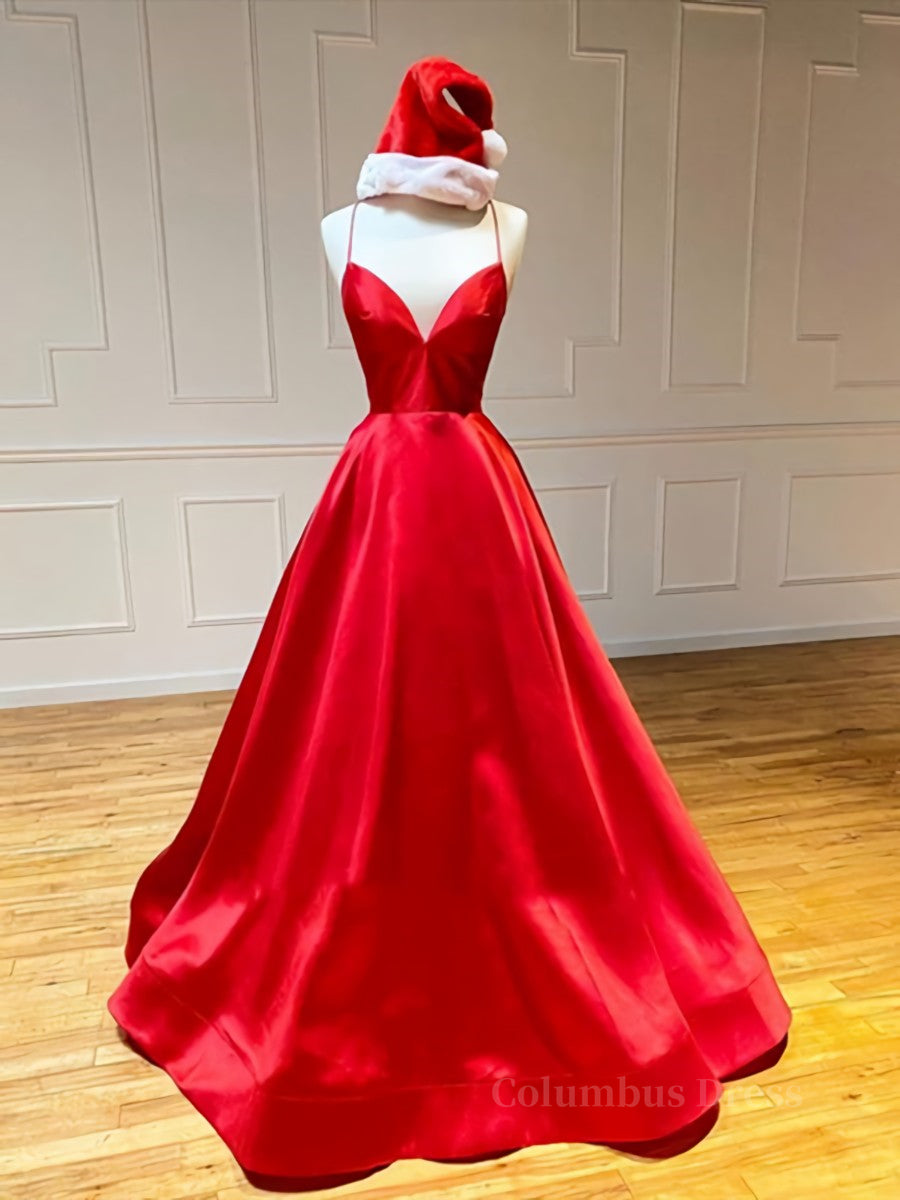 A Line V Neck Red Backless Corset Prom Dresses, Red Backless Long Corset Formal Evening Graduation Dresses outfit, Party Dresses Fall