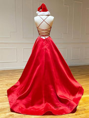 A Line V Neck Red Backless Corset Prom Dresses, Red Backless Long Corset Formal Evening Graduation Dresses outfit, Party Dress For Ladies