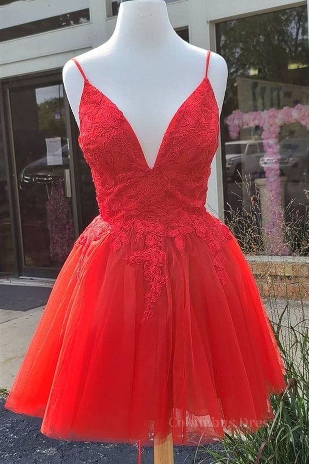 A Line V Neck Red Lace Short Corset Prom Dress, Red Lace Corset Homecoming Dress outfit, Wedding Flower