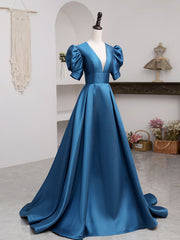 A-Line V Neck Satin Long Corset Prom Dresses, Blue Satin Long Evening Dress outfit, Prom Dresses Curvy