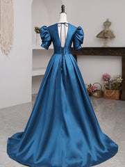 A-Line V Neck Satin Long Corset Prom Dresses, Blue Satin Long Evening Dress outfit, Prom Dress Curvy