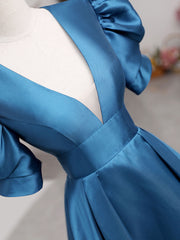 A-Line V Neck Satin Long Corset Prom Dresses, Blue Satin Long Evening Dress outfit, Prom Dress Open Back