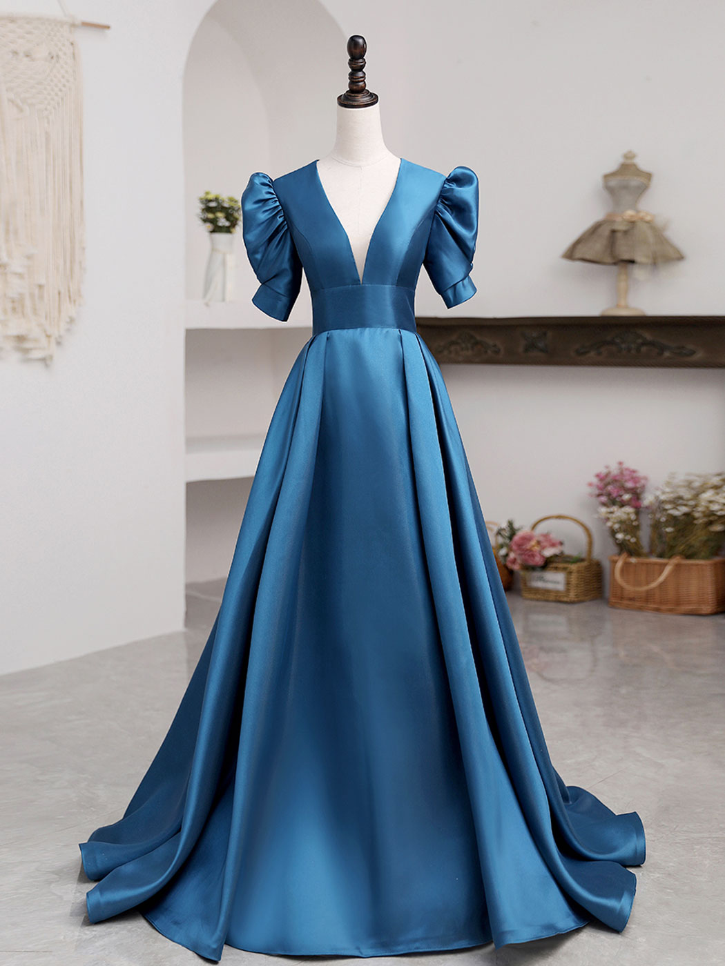 A-Line V Neck Satin Long Corset Prom Dresses, Blue Satin Long Evening Dress outfit, Prom Dresses Modest