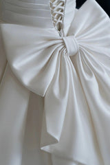 A-Line V-Neck Satin Corset Wedding Dress, White Short Sleeve Bridal Gown with Bow outfit, Wedding Dress Girls