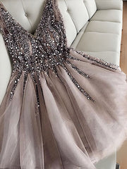 A-line V-neck Sequin Short/Mini Tulle Dress outfit, Bridesmaids Dress Online