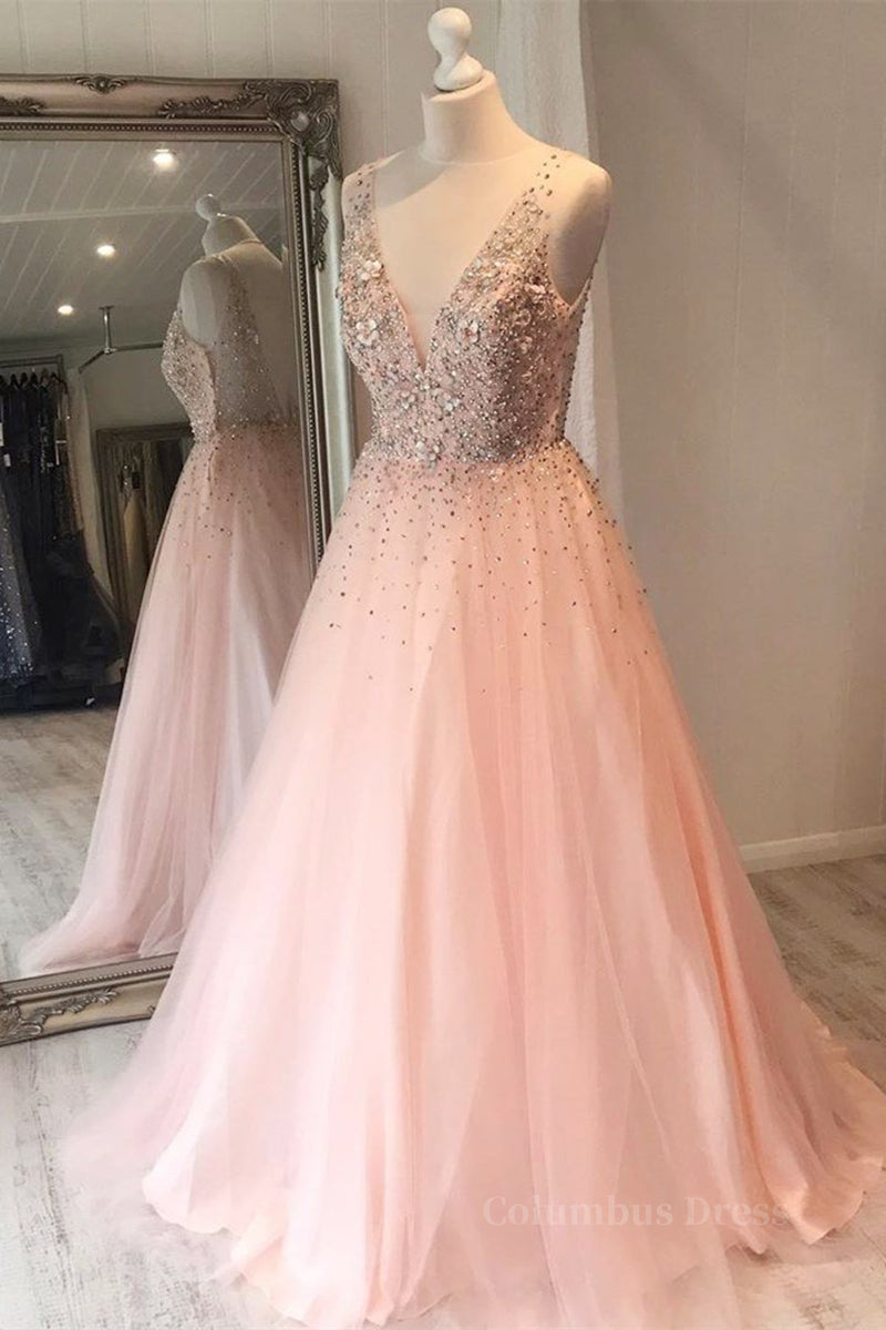 A Line V Neck Sequins Pink Long Corset Prom Dress, Pink Corset Formal Graduation Evening Dress outfit, Dress To Impression