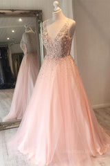 A Line V Neck Sequins Pink Long Corset Prom Dress, Pink Corset Formal Graduation Evening Dress outfit, Dress To Impression