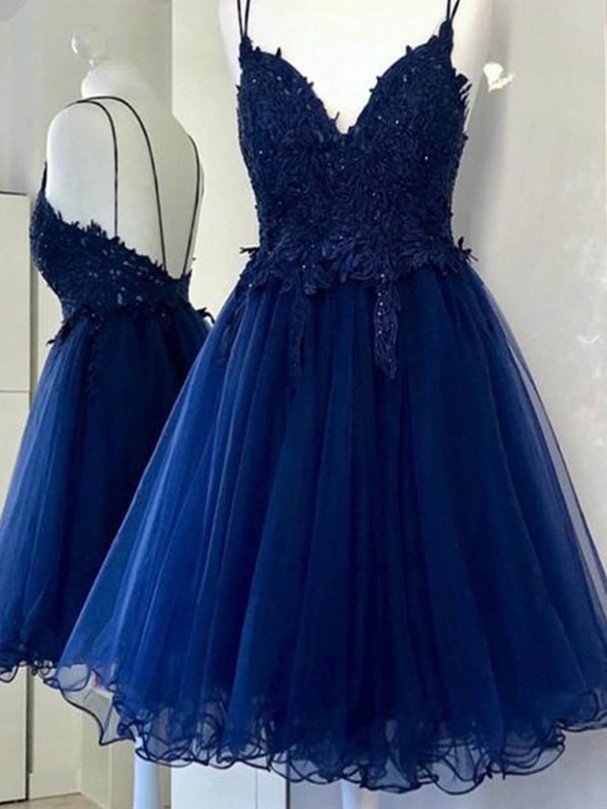 A Line V Neck Short Blue Corset Prom Dresses, Short Blue Lace Graduation Corset Homecoming Dresses outfit, Dream