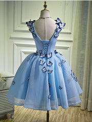 A Line V Neck Short Blue Corset Prom Dresses with Butterfly, Short Blue Corset Formal Corset Homecoming Dresses outfit, Party Dress Luxury