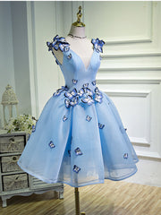 A Line V Neck Short Blue Corset Prom Dresses with Butterfly, Short Blue Corset Formal Corset Homecoming Dresses outfit, Party Dress Aesthetic