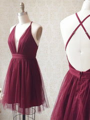 A Line V Neck Short Burgundy Backless Corset Prom Dresses, Short Burgundy Backless Corset Formal Corset Homecoming Dresses outfit, Prom Dresses Two Pieces