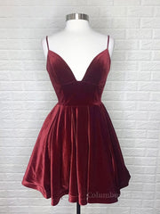 A Line V Neck Short Burgundy Corset Prom Dresses, Short Wine Red Corset Formal Corset Homecoming Dresses outfit, Wedding Aesthetic