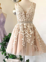 A Line V Neck Short Champagne Lace Corset Wedding Dresses, Short Champagne Lace Corset Formal Corset Prom Dresses outfit, Wedding Dresses Online