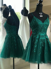 A Line V Neck Short Dark Green Lace Corset Prom Dresses, Dark Green Lace Corset Formal Corset Homecoming Dresses outfit, Elegant Dress