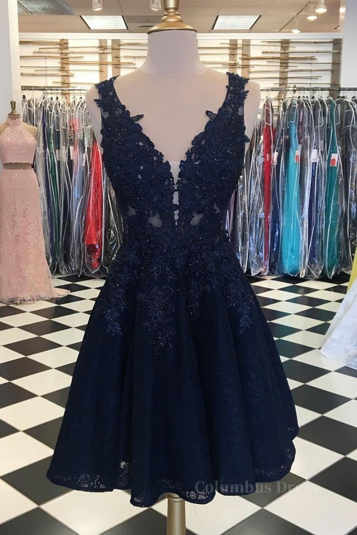 A Line V Neck Short Dark Navy Blue Lace Corset Prom Dresses, Dark Navy Blue Lace Corset Homecoming Graduation Dresses outfit, Cocktail Party Outfit