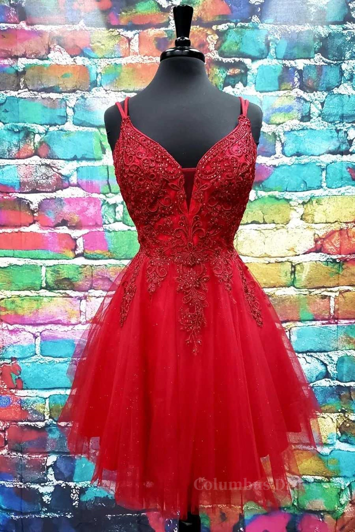 A Line V Neck Short Dark Red Lace Corset Prom Dresses, Short Dark Red Lace Corset Formal Corset Homecoming Dresses outfit, Homecoming Dressed Short