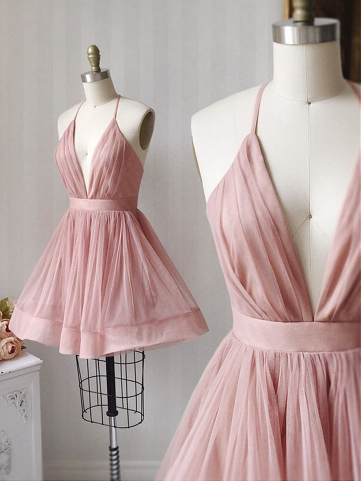 A Line V Neck Short Pink Corset Prom Dresses, Short Pink V Neck Graduation Corset Homecoming Dresses outfit, Formal Dresses Vintage