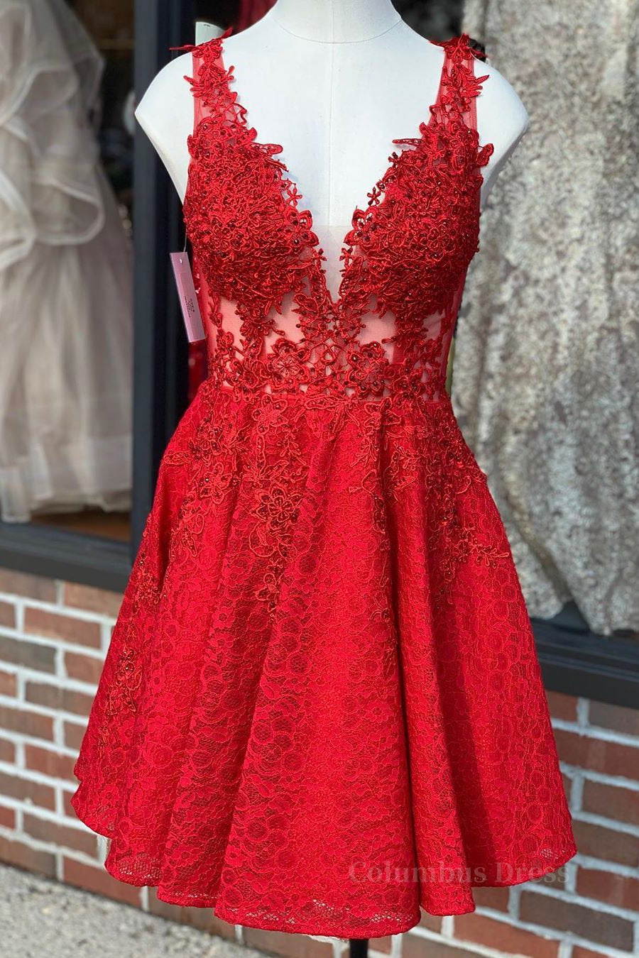 A Line V Neck Short Red Lace Corset Prom Dress, Red Lace Corset Formal Graduation Corset Homecoming Dress outfit, Formal Dresses For Large Ladies