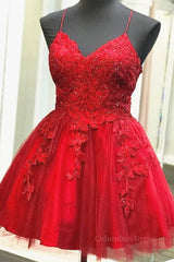 A Line V Neck Short Red Lace Corset Prom Dresses, Short Red Lace Corset Formal Corset Homecoming Dresses outfit, Evening Dress Store