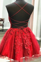 A Line V Neck Short Red Lace Corset Prom Dresses, Short Red Lace Corset Formal Corset Homecoming Dresses outfit, Evening Dress Stores